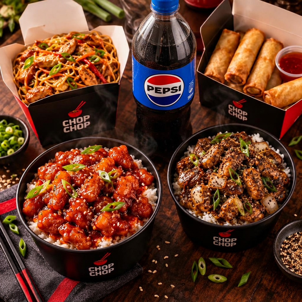 Chop Chop Family Feast box with fried rice, chowmein, black pepper chicken, chilli chicken, spring rolls and a 1.5L drink